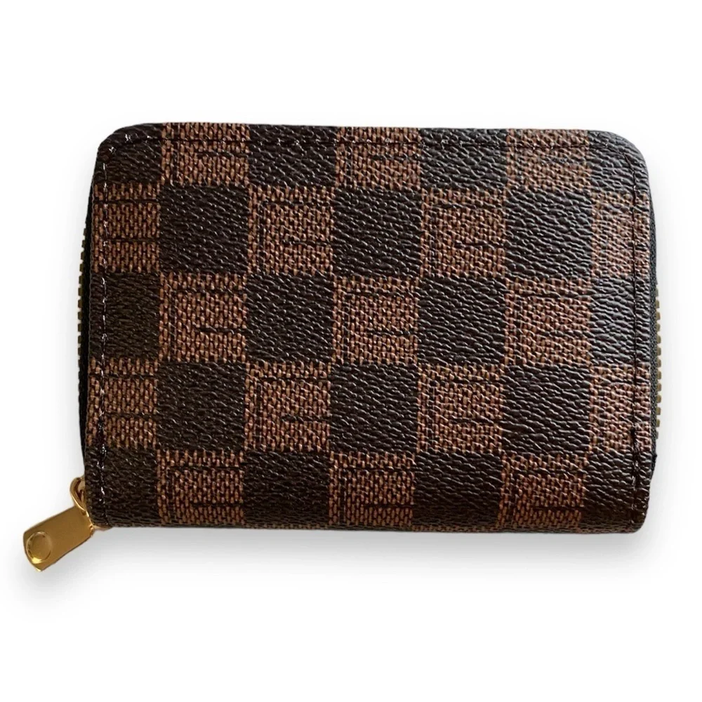 Brown & Black Checkered Zippered Card Wallet